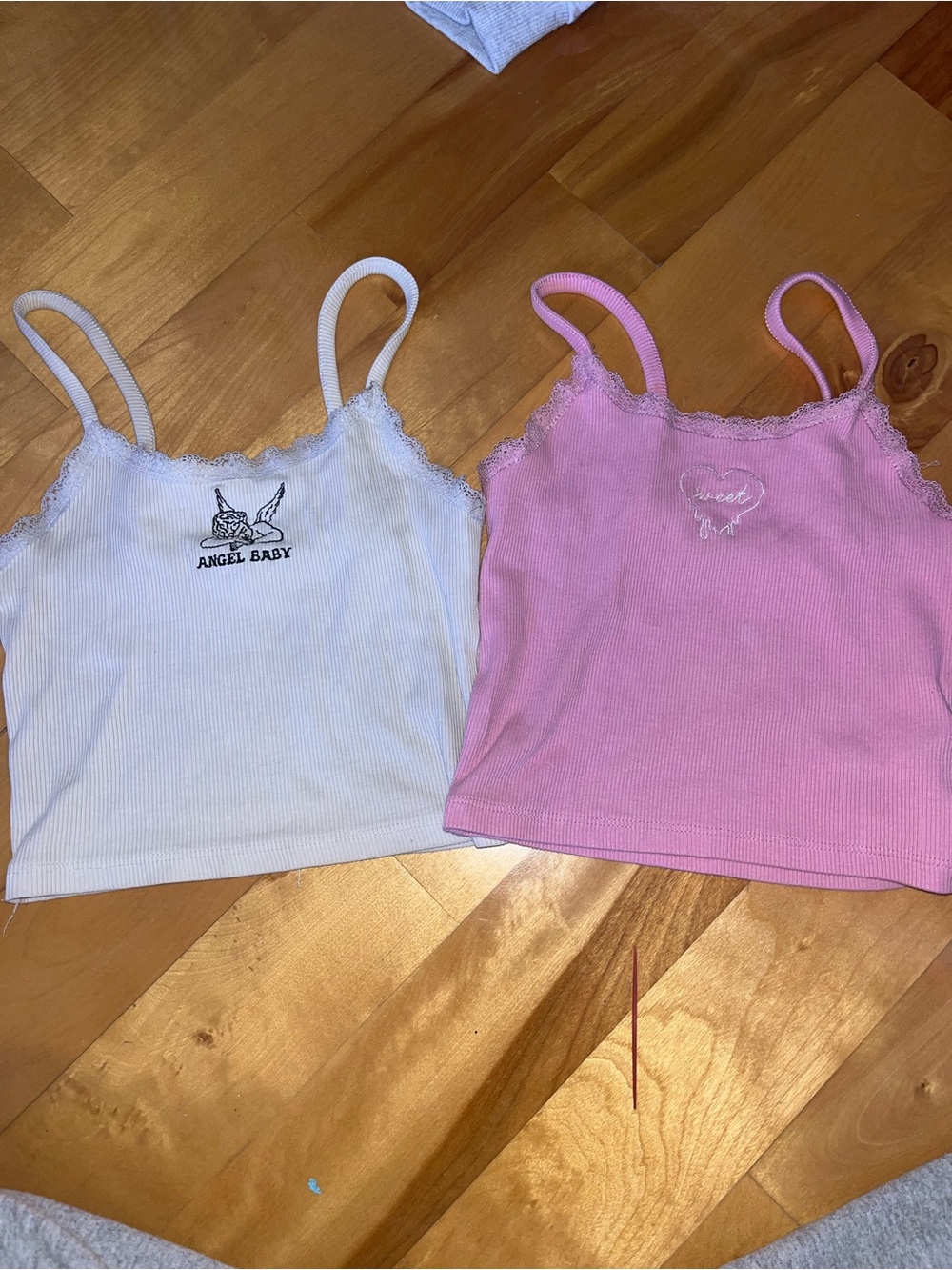 Urban Planet White & Pink Ribbed Lace Trim Cami Tops